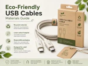 Eco-friendly USB-C cables shown with recyclable packaging and key sustainability features like recycled materials and a lower carbon footprint.