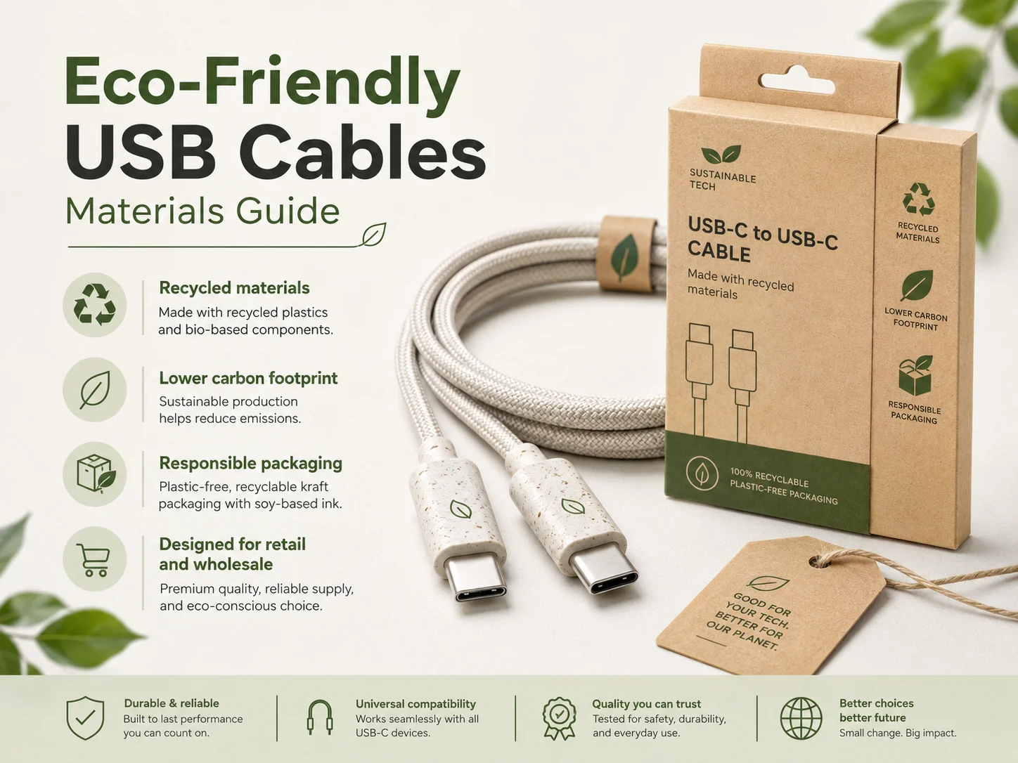 Eco-friendly USB cables with recycled plastic connectors and sustainable packaging