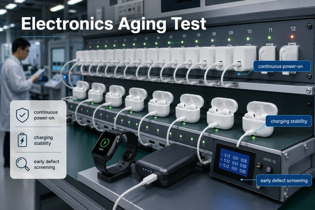 A laboratory testing station conducting electronics aging tests with wireless earbuds, smartwatches, and charging devices for stability and defect screening.