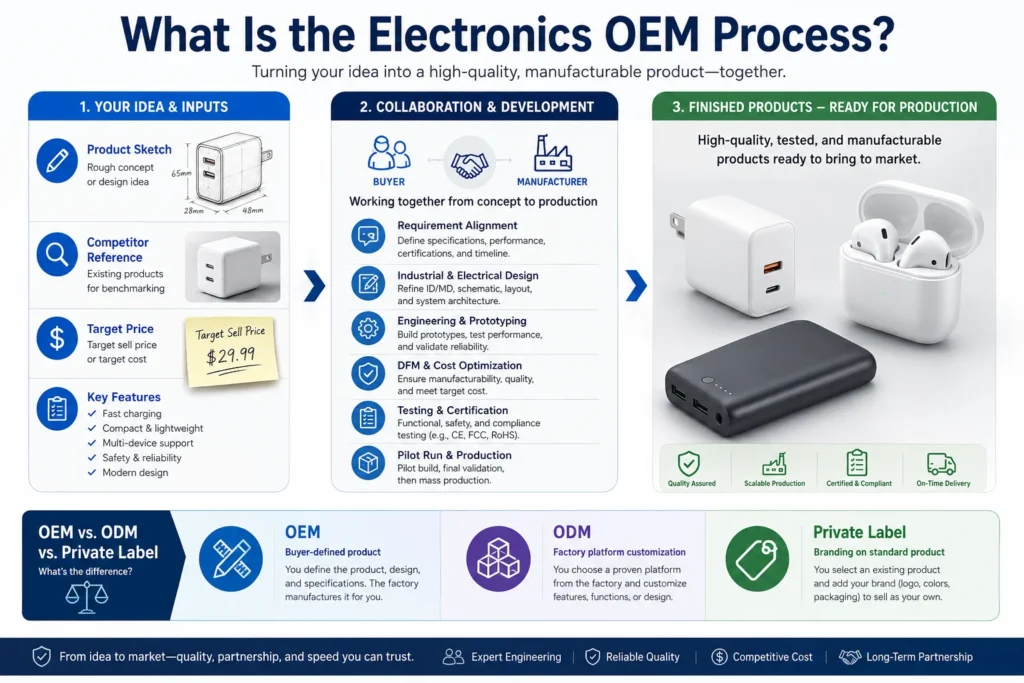 Infographic explaining the electronics OEM process, from idea input to finished product, with visuals of chargers, earbuds, and power banks.