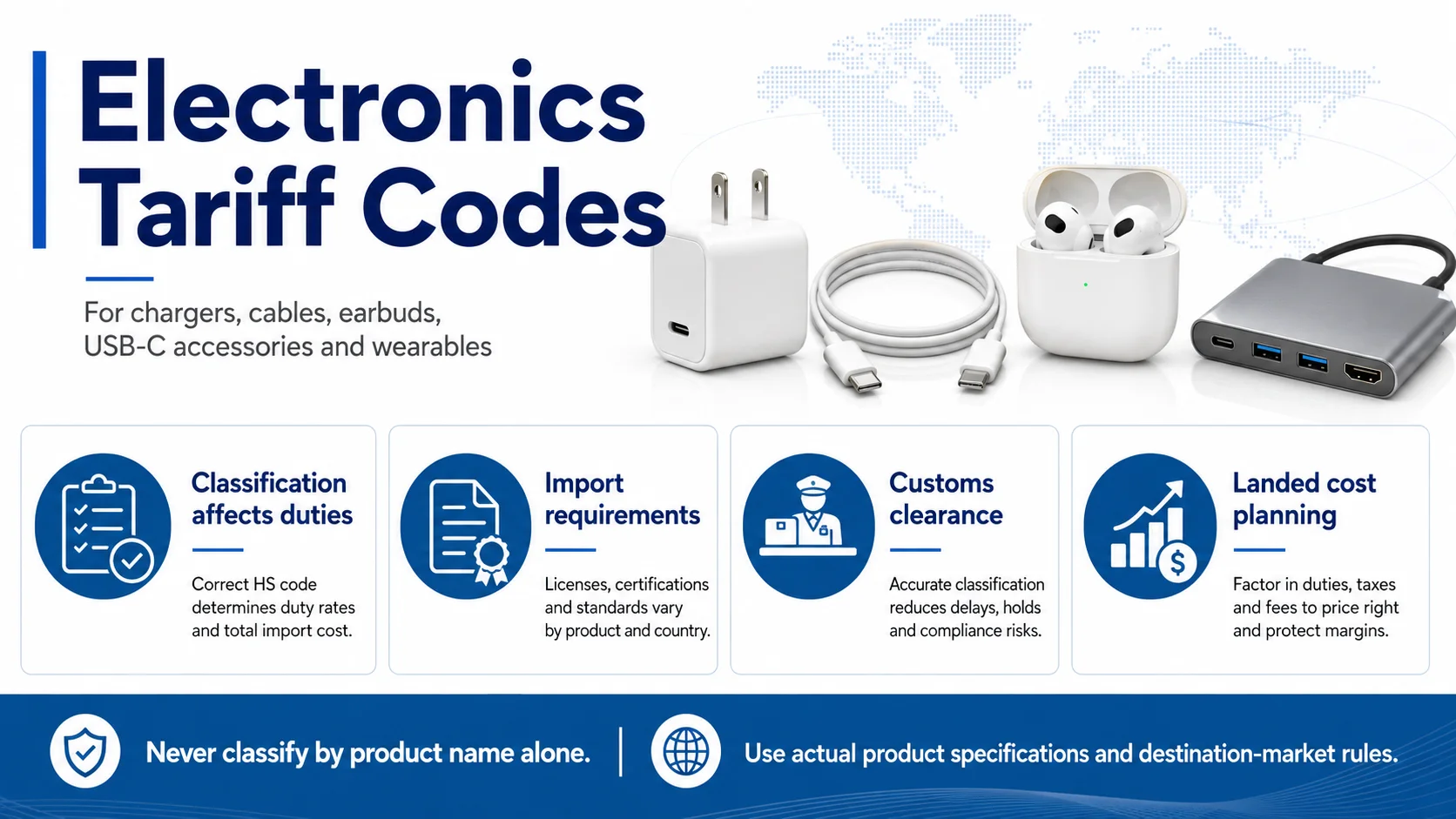 Electronics tariff codes and HTS classification for 3C accessories Electronics tariff codes for chargers cables earbuds and USB-C accessories