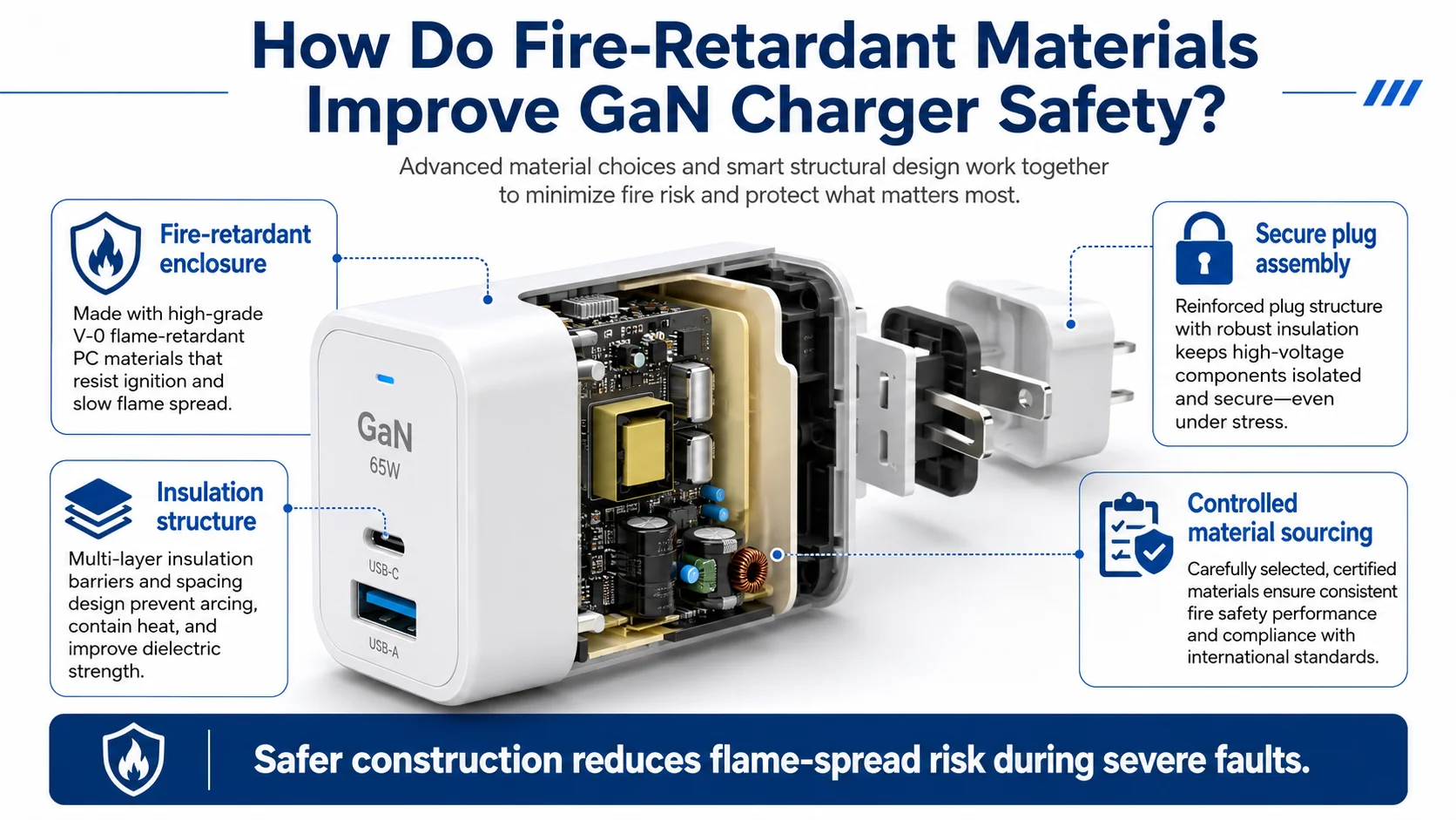 Fire-retardant GaN charger enclosure safety and insulated USB-C charger construction