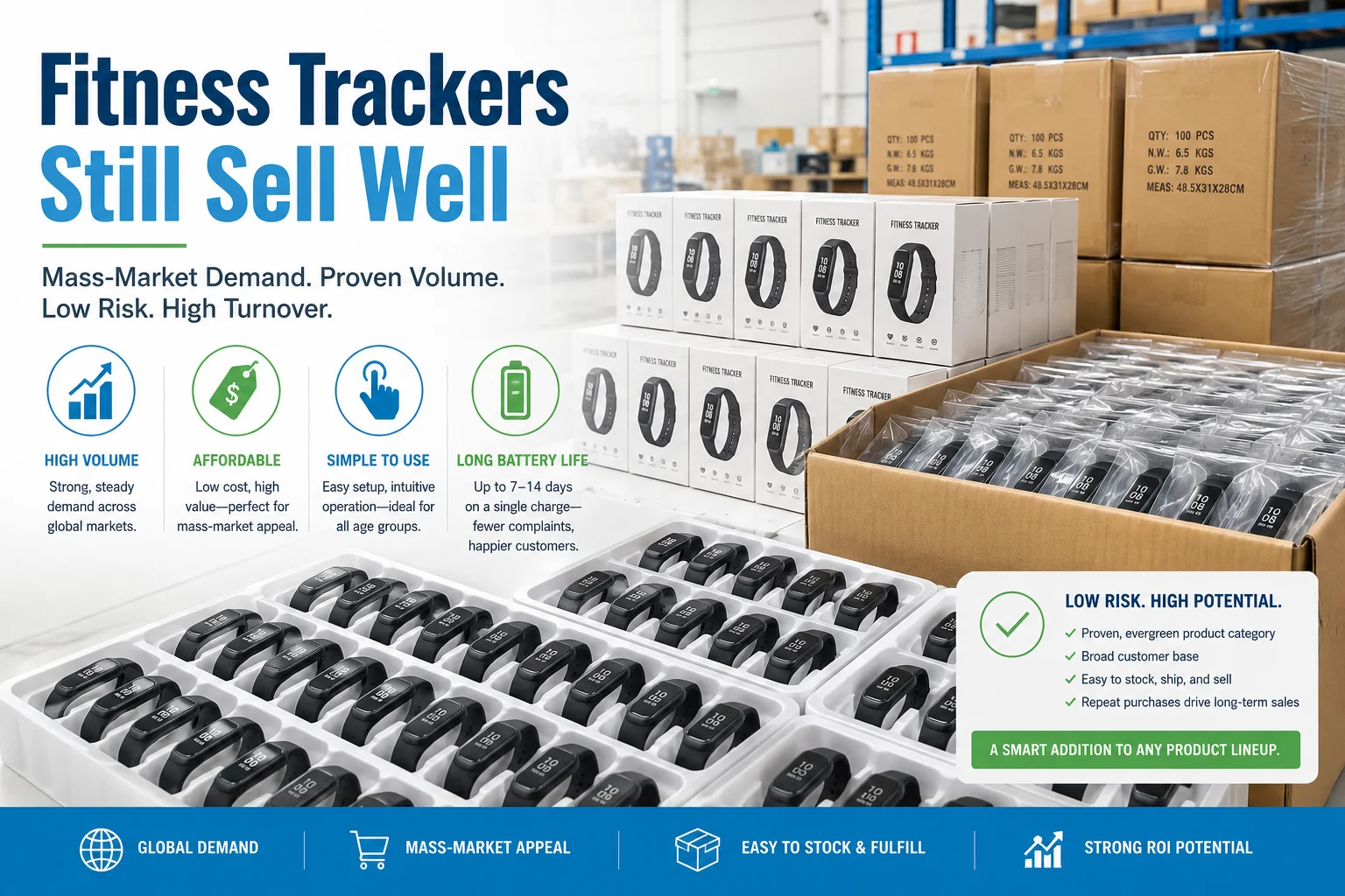 A large quantity of fitness trackers in wholesale packaging