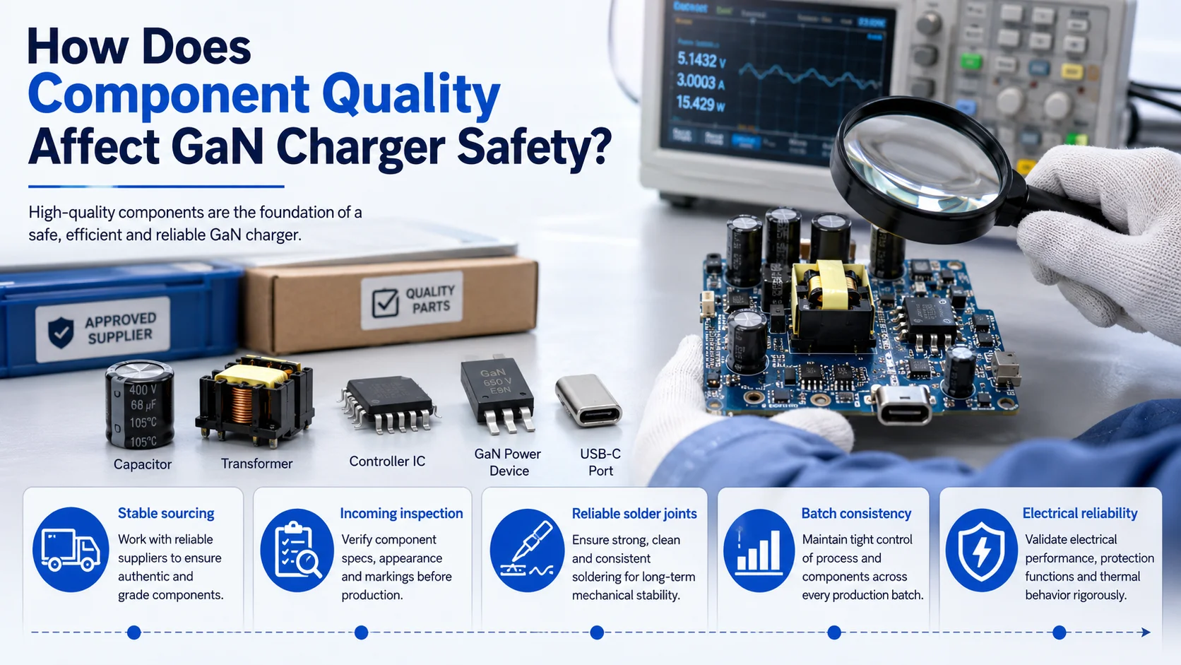 GaN charger safety component quality inspection for capacitors transformers and power chips