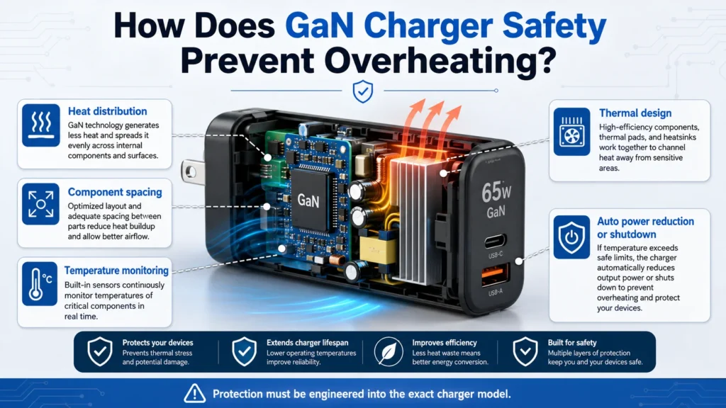 Illustration of a 65W GaN charger showcasing internal components and features like heat distribution, thermal design, temperature monitoring, and auto power reduction to prevent overheating.