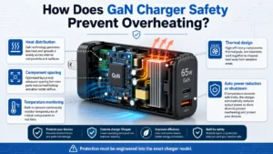 Illustration of a 65W GaN charger showcasing internal components and features like heat distribution, thermal design, temperature monitoring, and auto power reduction to prevent overheating.