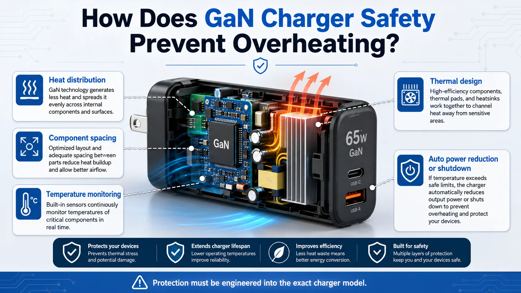 GaN charger safety thermal management with heat dissipation and temperature protection
