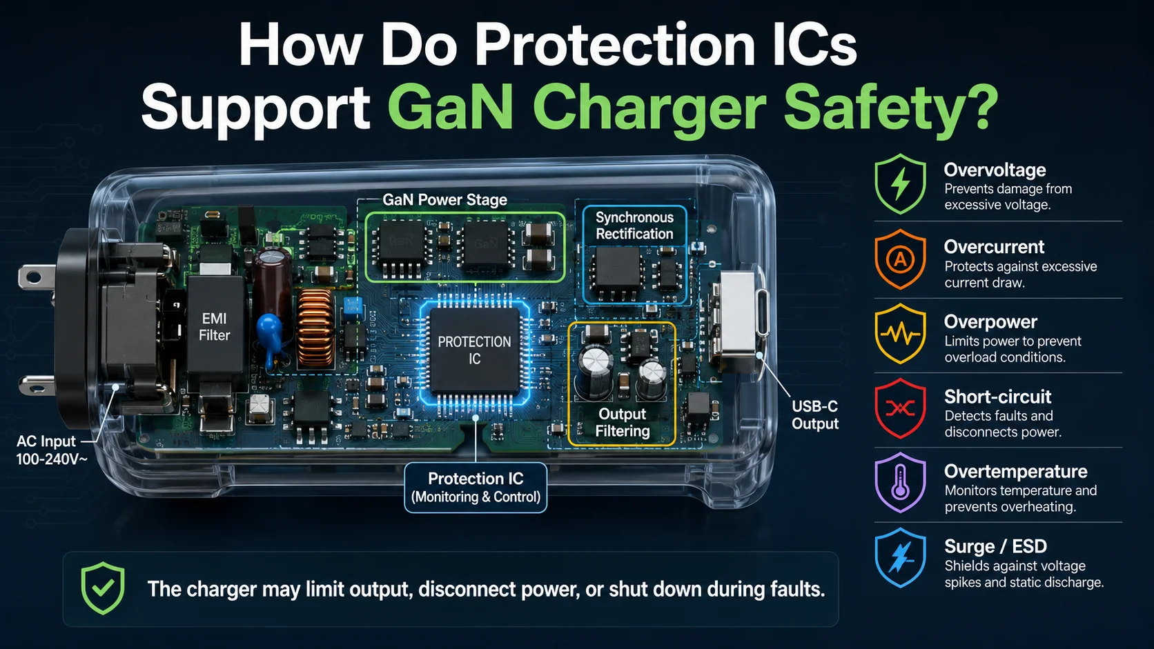 GaN charger safety features including protection IC and USB-C charging safeguards