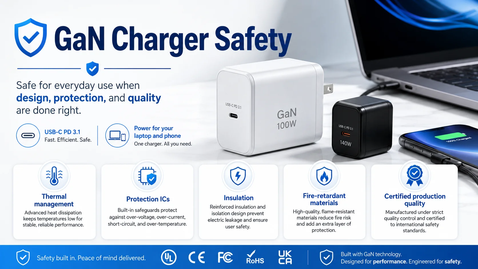 GaN charger safety testing with thermal protection and certified USB-C charging design