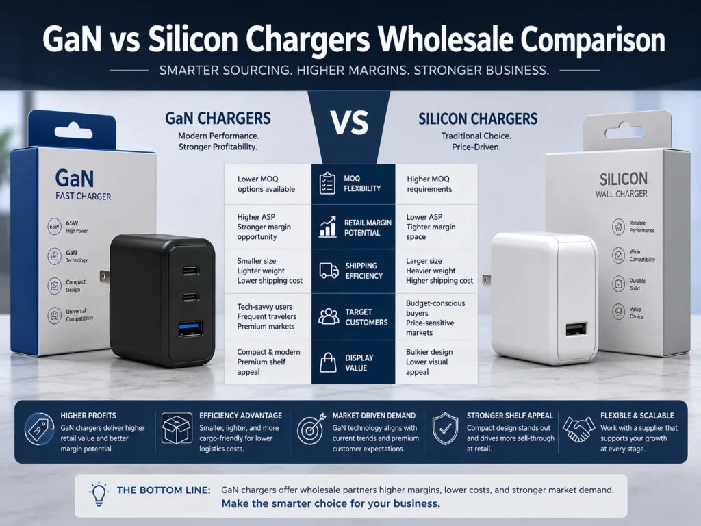 Comparison chart highlighting differences between GaN fast chargers and silicon wall chargers, focusing on features, target customers, and market advantages.