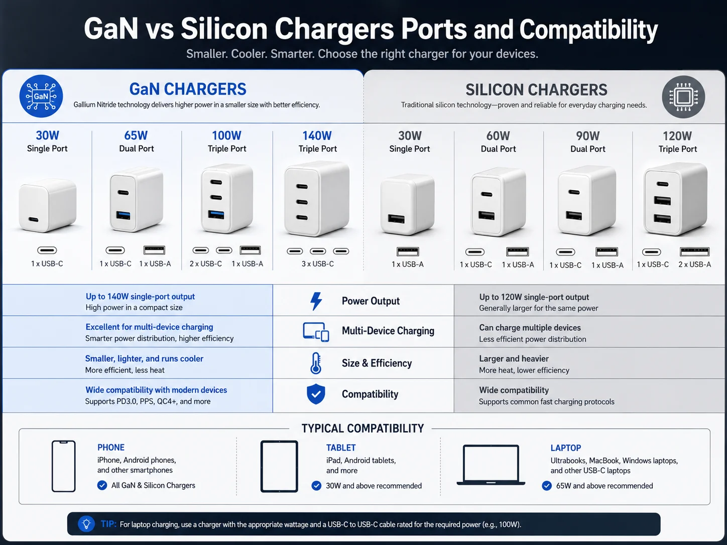 GaN vs silicon chargers power output and port configuration