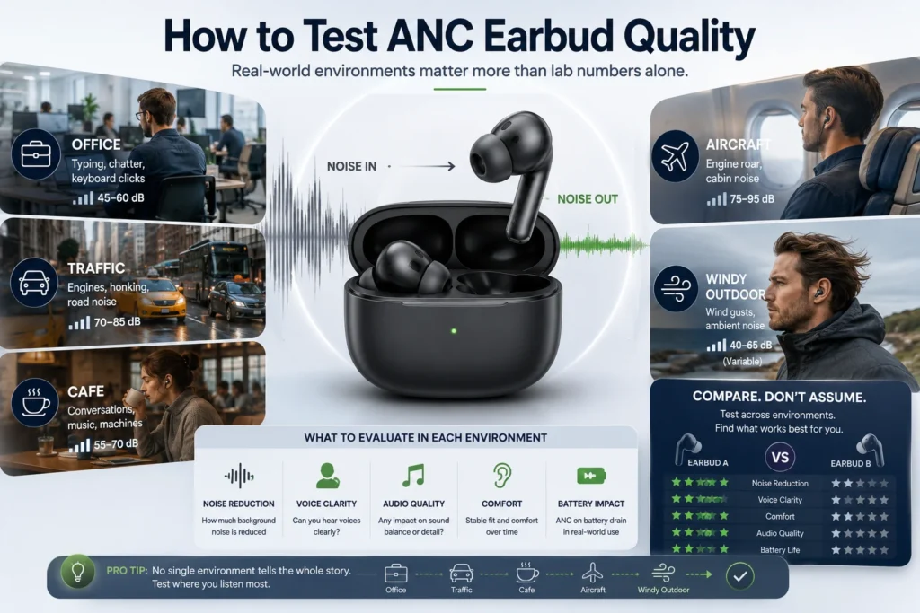 Visual guide showing how to test ANC earbud quality in various real-world environments like office, traffic, cafe, aircraft, and outdoors, with evaluation criteria such as noise reduction, voice clarity, audio quality, comfort, and battery impact.