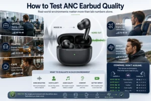 Visual guide showing how to test ANC earbud quality in various real-world environments like office, traffic, cafe, aircraft, and outdoors, with evaluation criteria such as noise reduction, voice clarity, audio quality, comfort, and battery impact.
