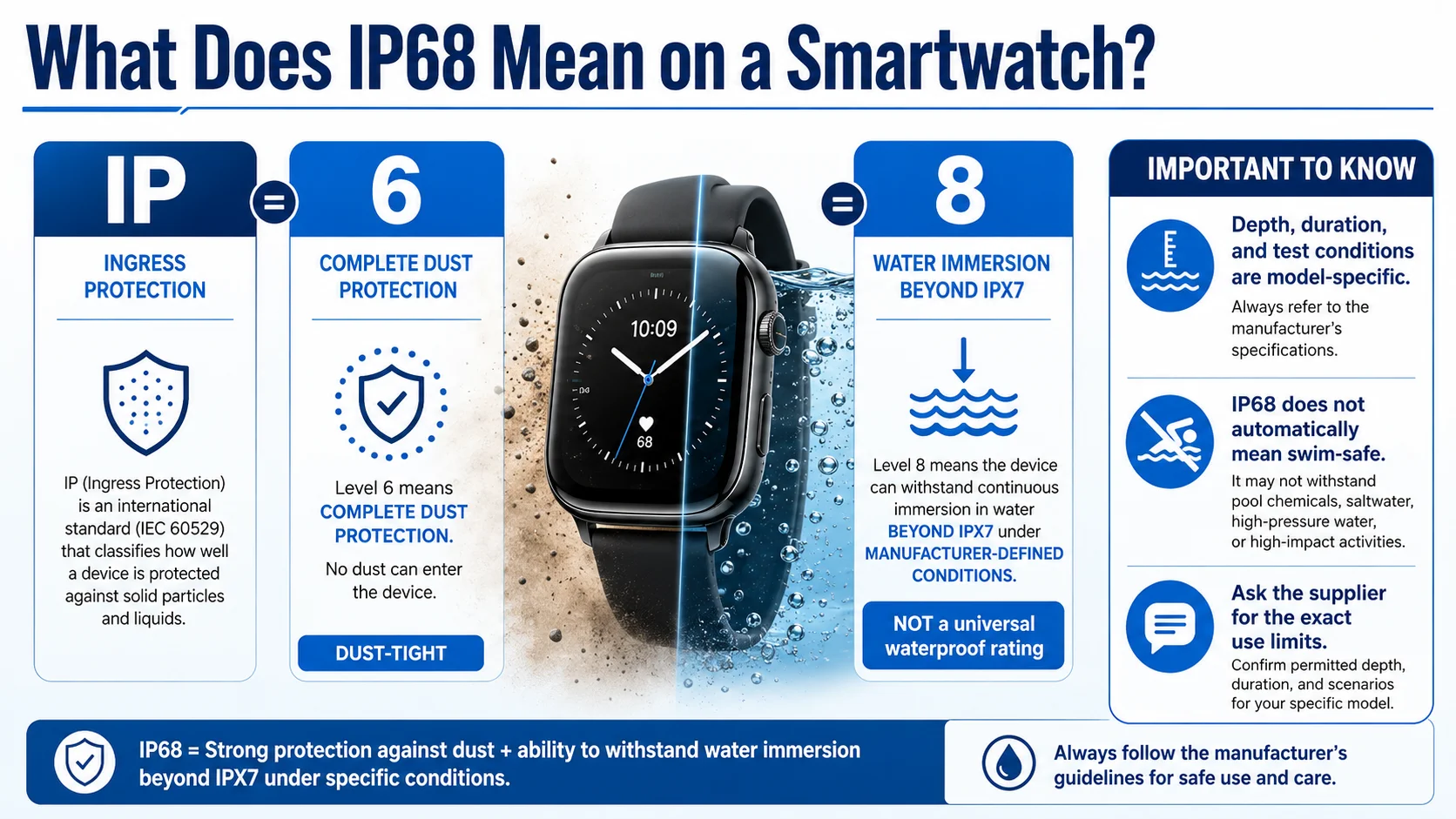IP68 smartwatch dust and water immersion protection