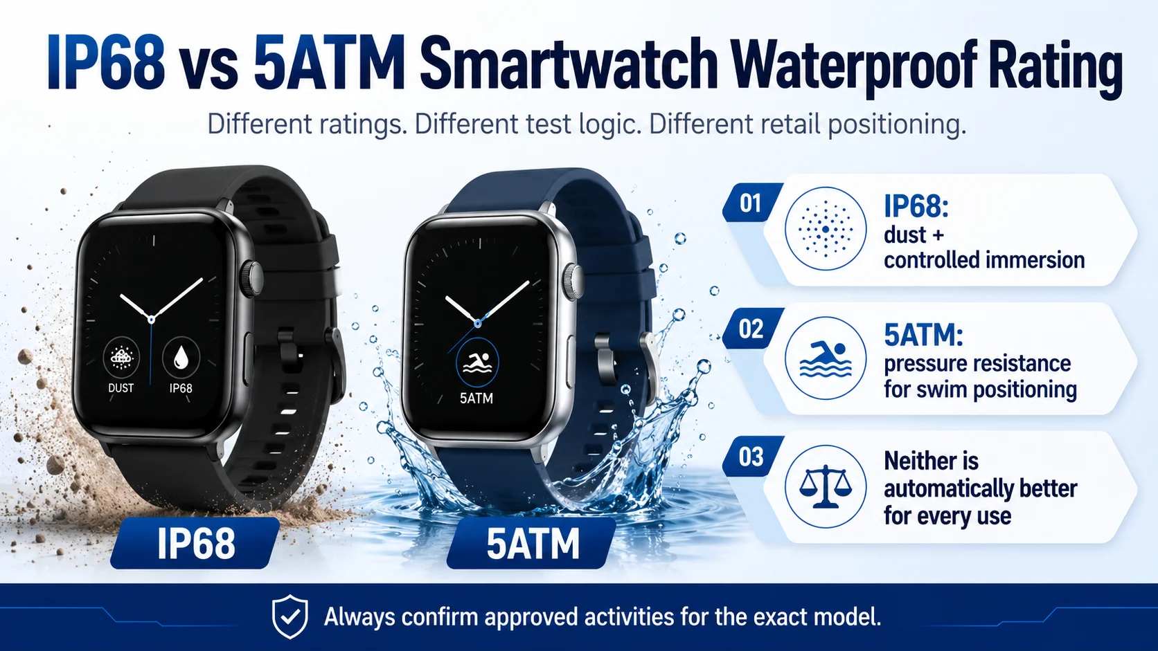 IP68 vs 5ATM smartwatch waterproof rating comparison