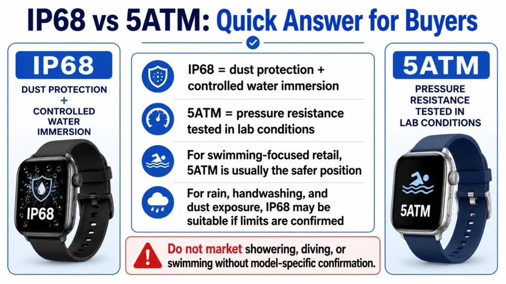 Comparison chart explaining IP68 and 5ATM water-resistant ratings for smartwatches, showing features like dust protection and pressure resistance.