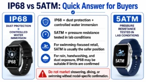 Comparison chart explaining IP68 and 5ATM water-resistant ratings for smartwatches, showing features like dust protection and pressure resistance.