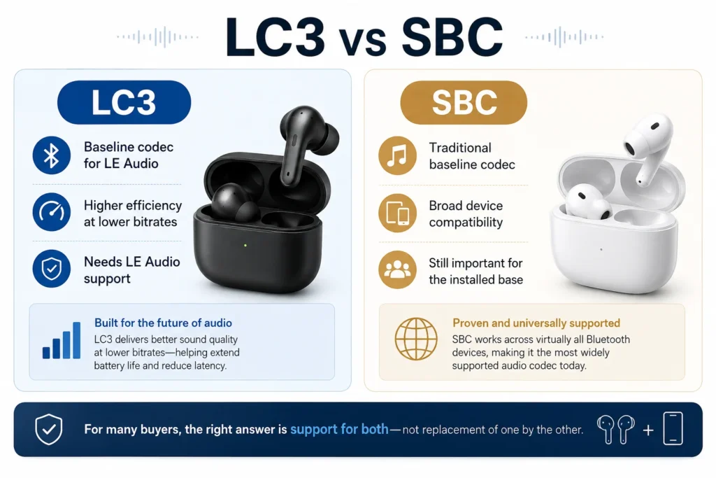 A comparison infographic illustrating differences between LC3 and SBC codecs, featuring black and white wireless earbuds.