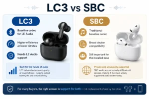A comparison infographic illustrating differences between LC3 and SBC codecs, featuring black and white wireless earbuds.