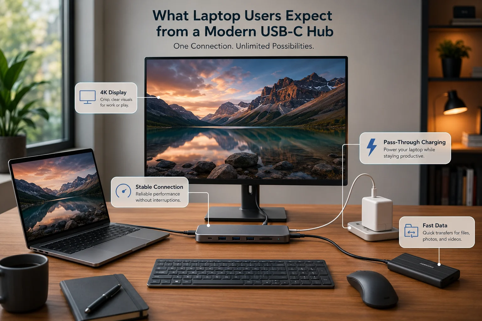 A user's desk setup with a laptop connected to a monitor, keyboard, and mouse via a USB-C hub.