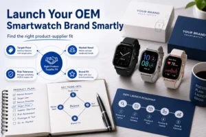 Visual guide for launching an OEM smartwatch brand, featuring product samples, a roadmap card, and decision-making tips for supplier and market fit.