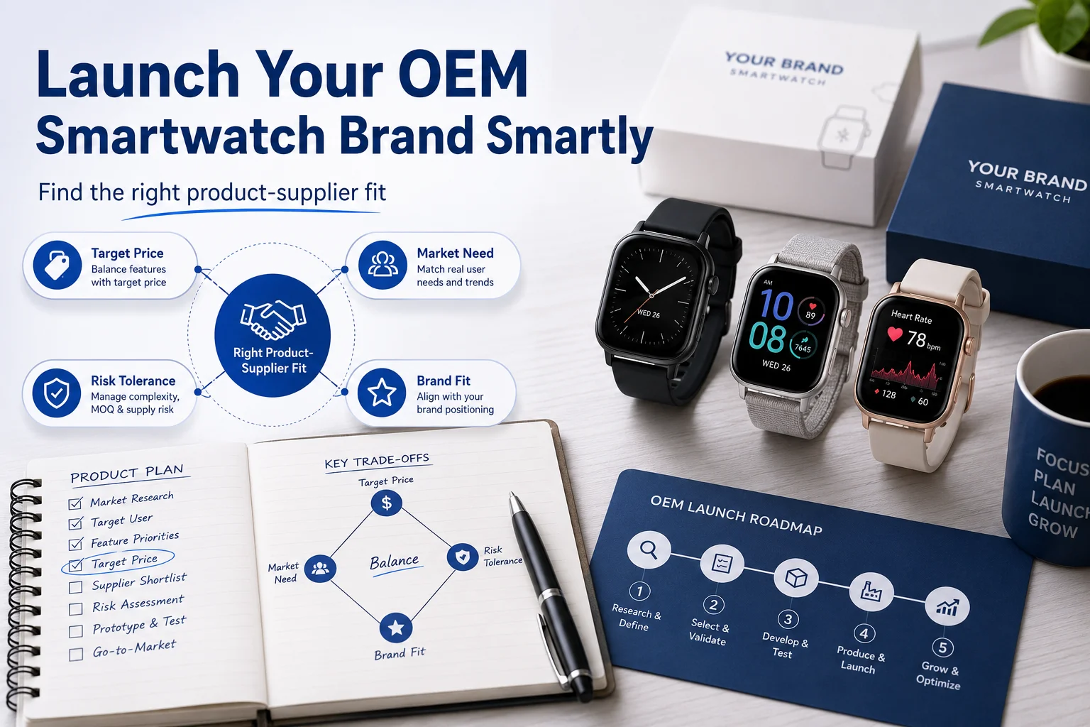 A collection of OEM smartwatches on a desk