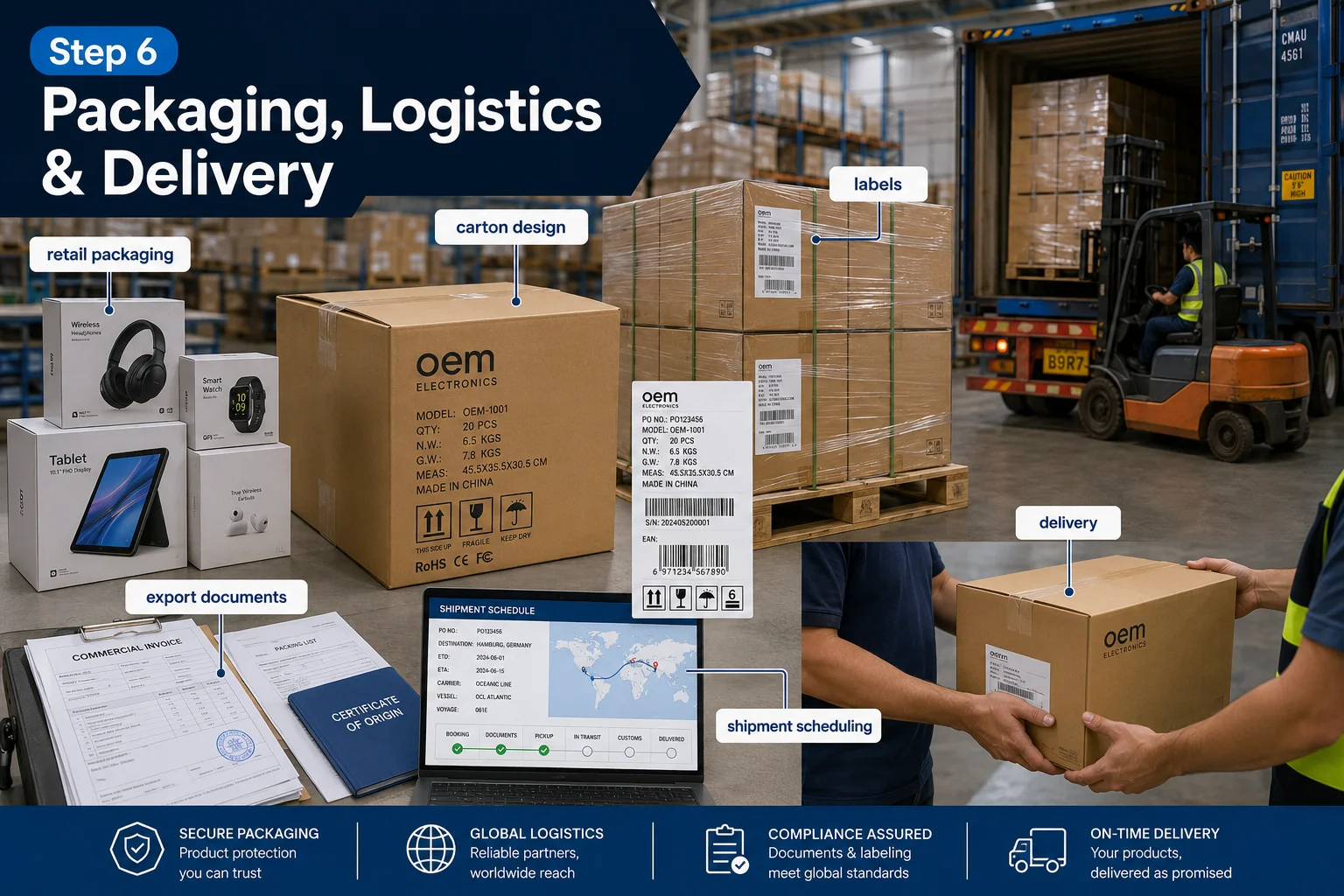 Electronics Packaging and Export Delivery electronics OEM process packaging logistics and cargo delivery