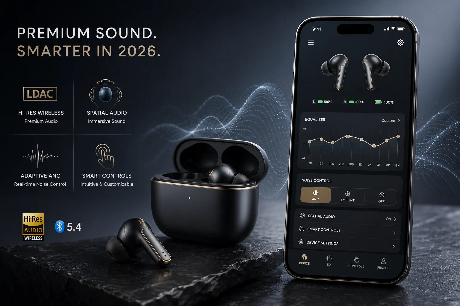TWS Earbud App Control Smartphone screen showing a TWS earbud companion app with EQ settings