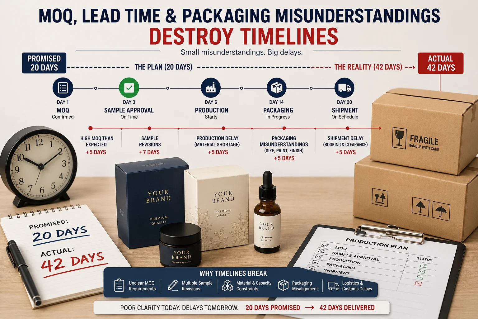 a timeline with a clock and a box showing packaging designs