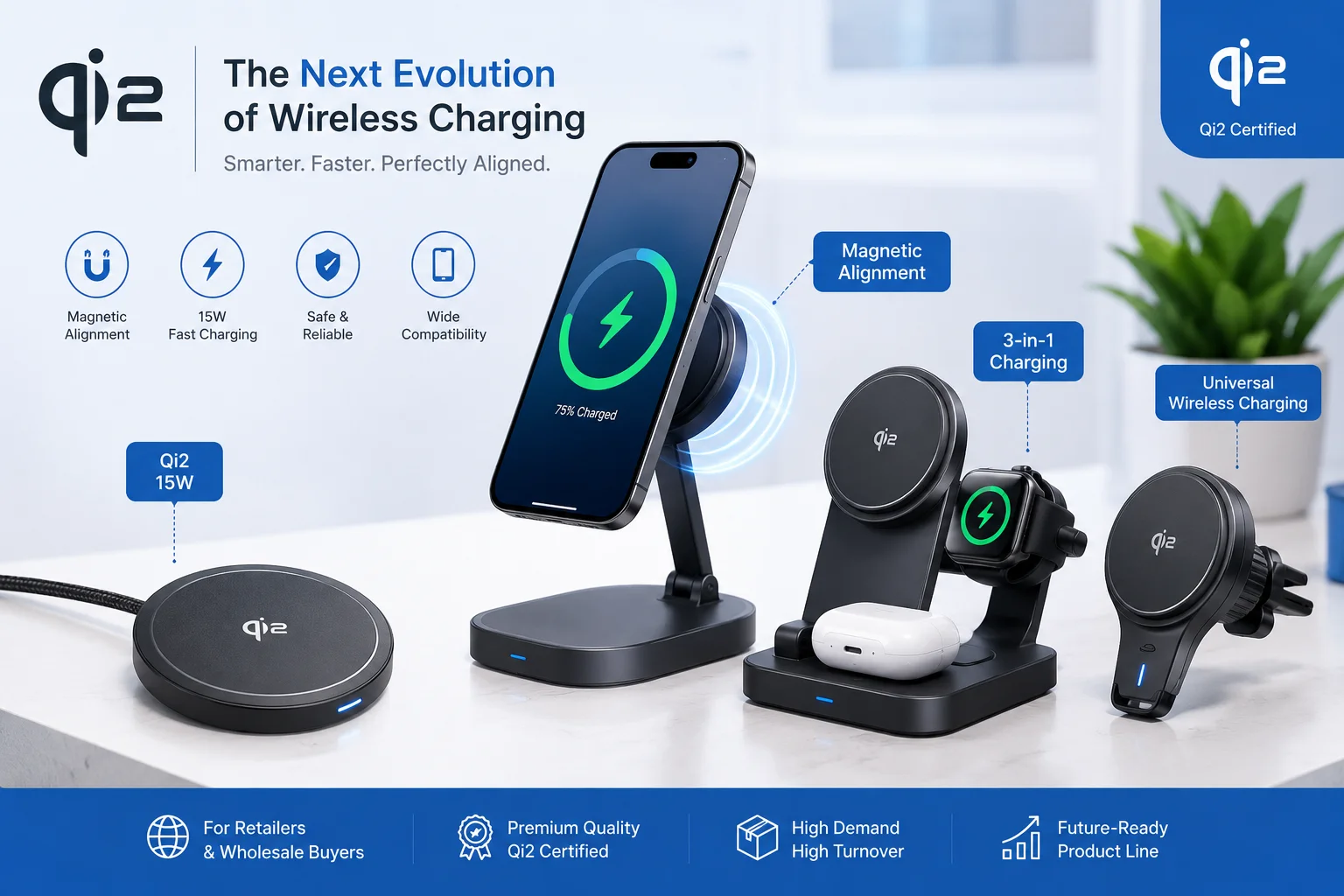 A collection of Qi2 wireless chargers including a puck, a stand, and a car mount.
