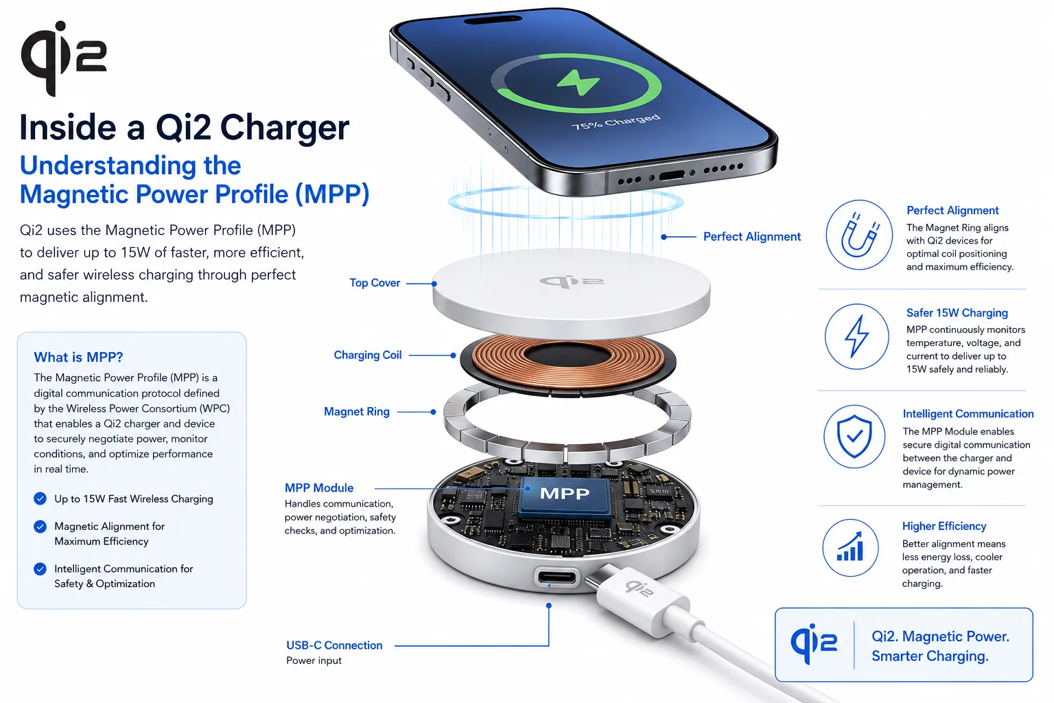 An exploded view of a Qi2 charger showing the internal magnet ring of the Magnetic Power Profile (MPP) module.