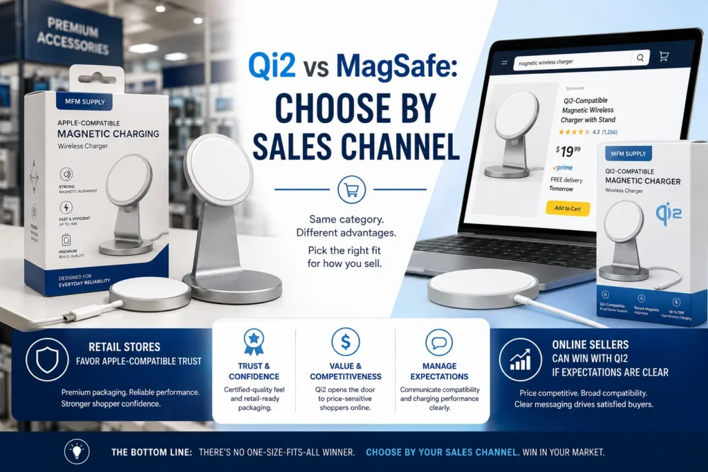 Comparison of Qi2 and MagSafe wireless chargers with product packaging, stand, and laptop showing online store listing. Highlights retail and online selling benefits.