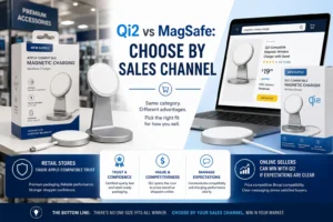 Comparison of Qi2 and MagSafe wireless chargers with product packaging, stand, and laptop showing online store listing. Highlights retail and online selling benefits.