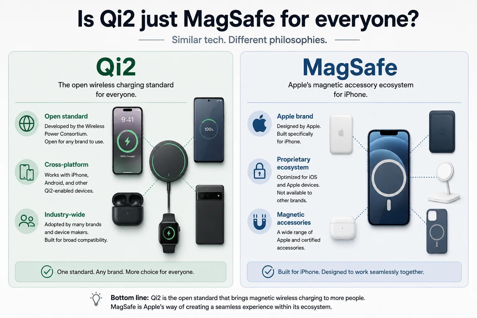 A side-by-side comparison of a Qi2 certified logo and an Apple MagSafe logo.