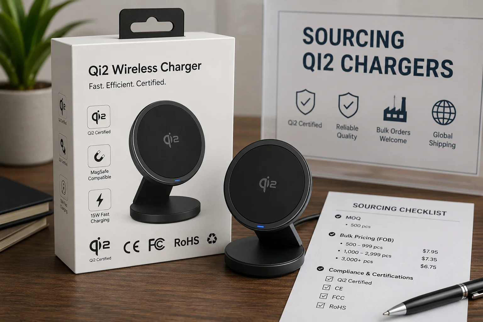 A photo of a Qi2 charger's retail box showing CE, FCC, and Qi2 certification logos.