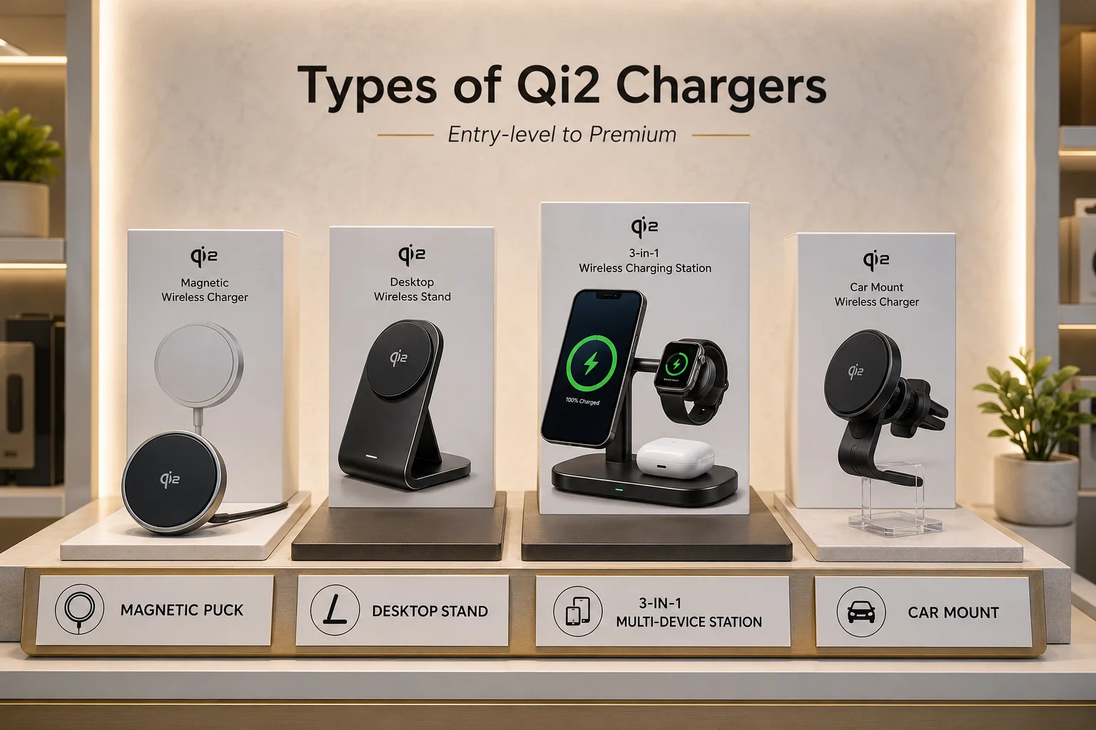 A retail display featuring different types of Qi2 chargers: pucks, stands, 3-in-1 stations, and car mounts.