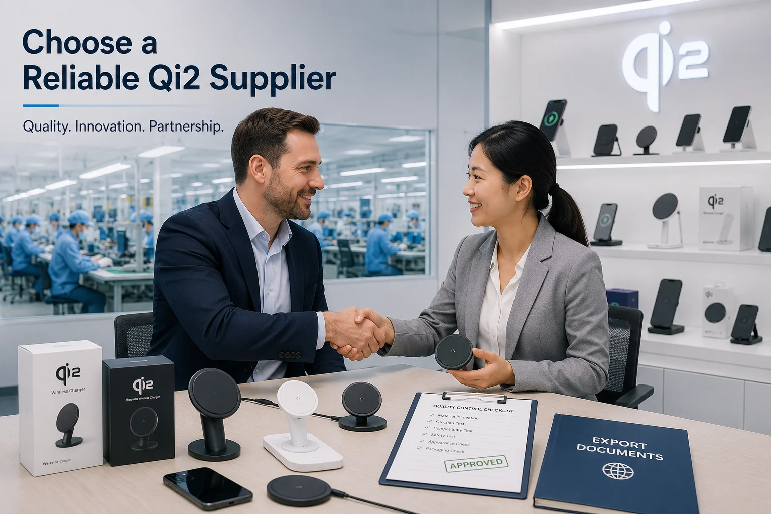 A buyer shaking hands with a supplier in a clean, modern factory setting.