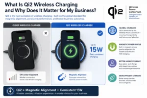 Comparison of Qi2 wireless charger with magnetic alignment and 15W capacity versus older wireless charger with off-center alignment displayed in an infographic.