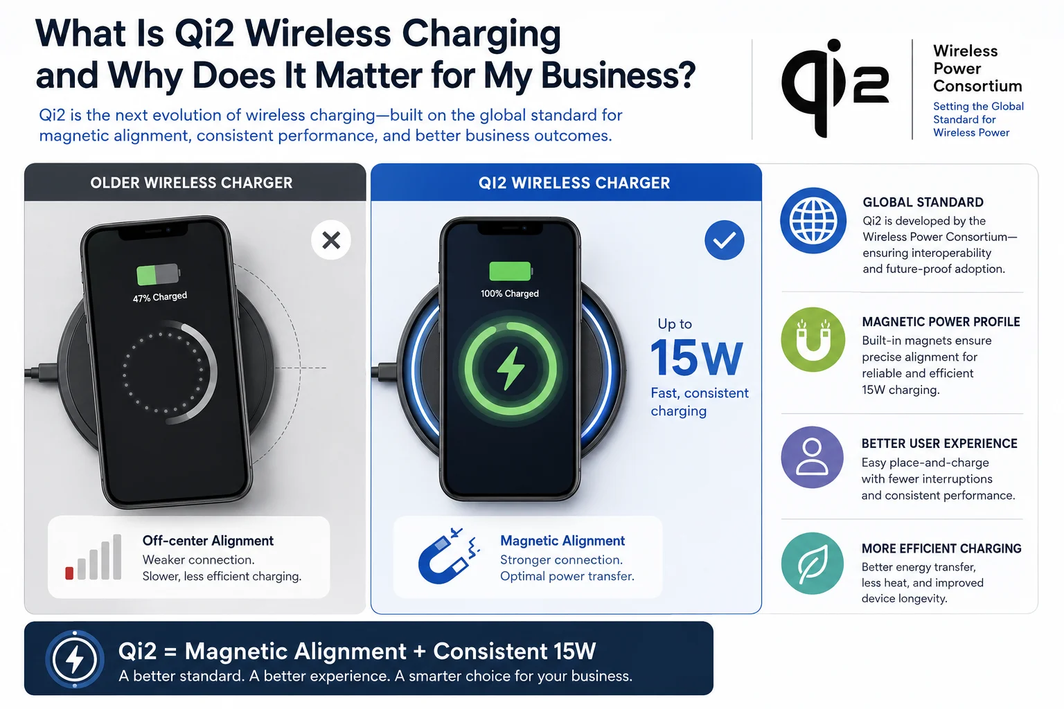 A diagram showing the difference between a misaligned Qi charger and a perfectly aligned Qi2 charger.