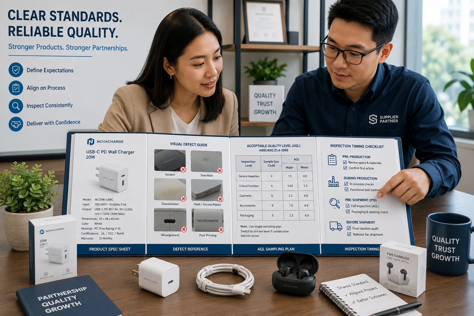 a buyer and supplier representative reviewing a quality control document together