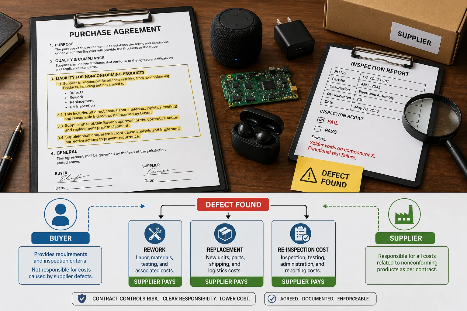 a contract document with clauses about defect liability highlighted