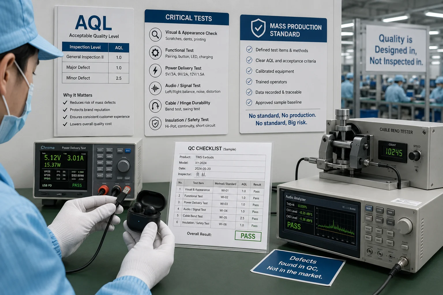 a quality control checklist and a USB cable being tested