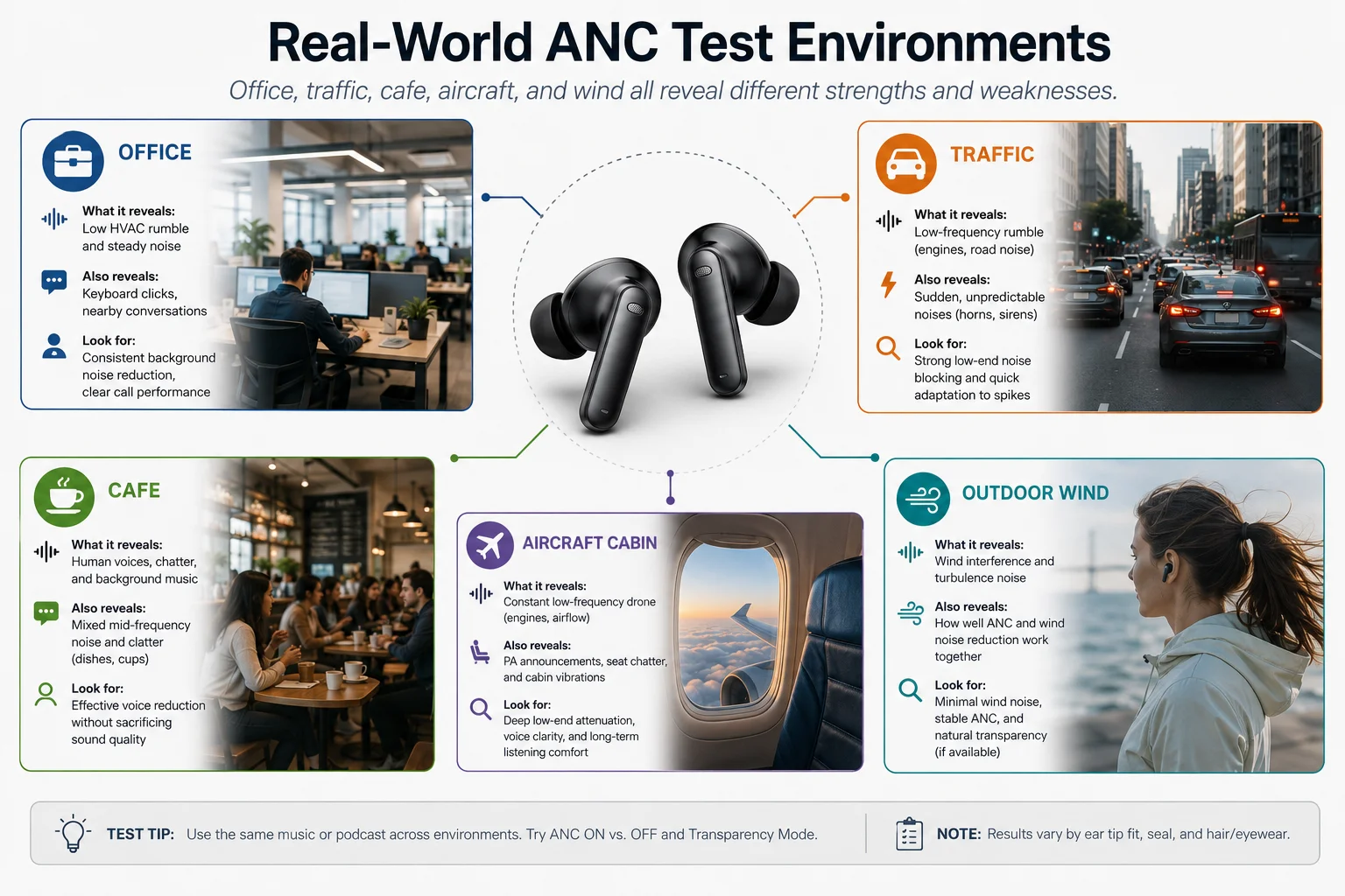 Real world ANC test environments Testing ANC earbud quality in office traffic cafe aircraft and wind