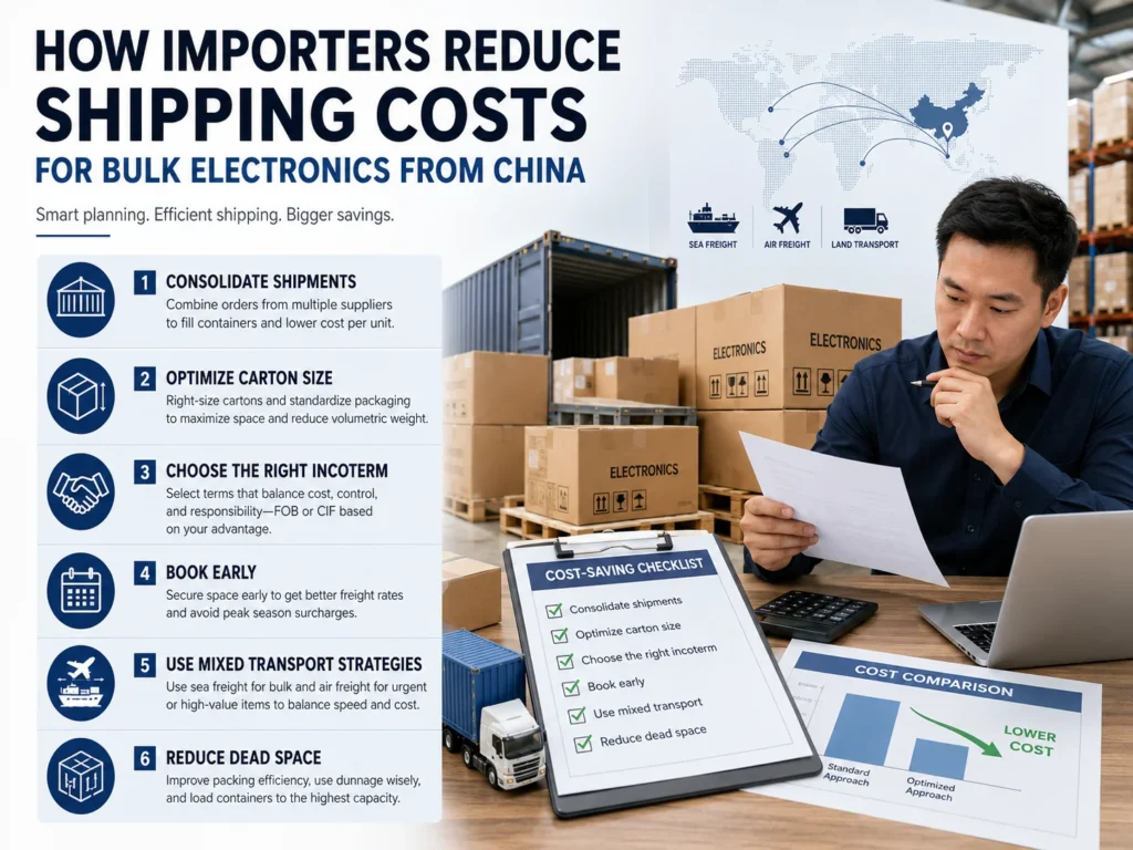 Man reviews shipping documents in a warehouse with electronics boxes, cost-saving checklist, and cost comparison chart for bulk electronics imports from China.