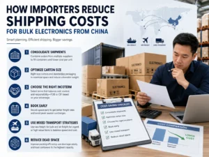Man reviews shipping documents in a warehouse with electronics boxes, cost-saving checklist, and cost comparison chart for bulk electronics imports from China.