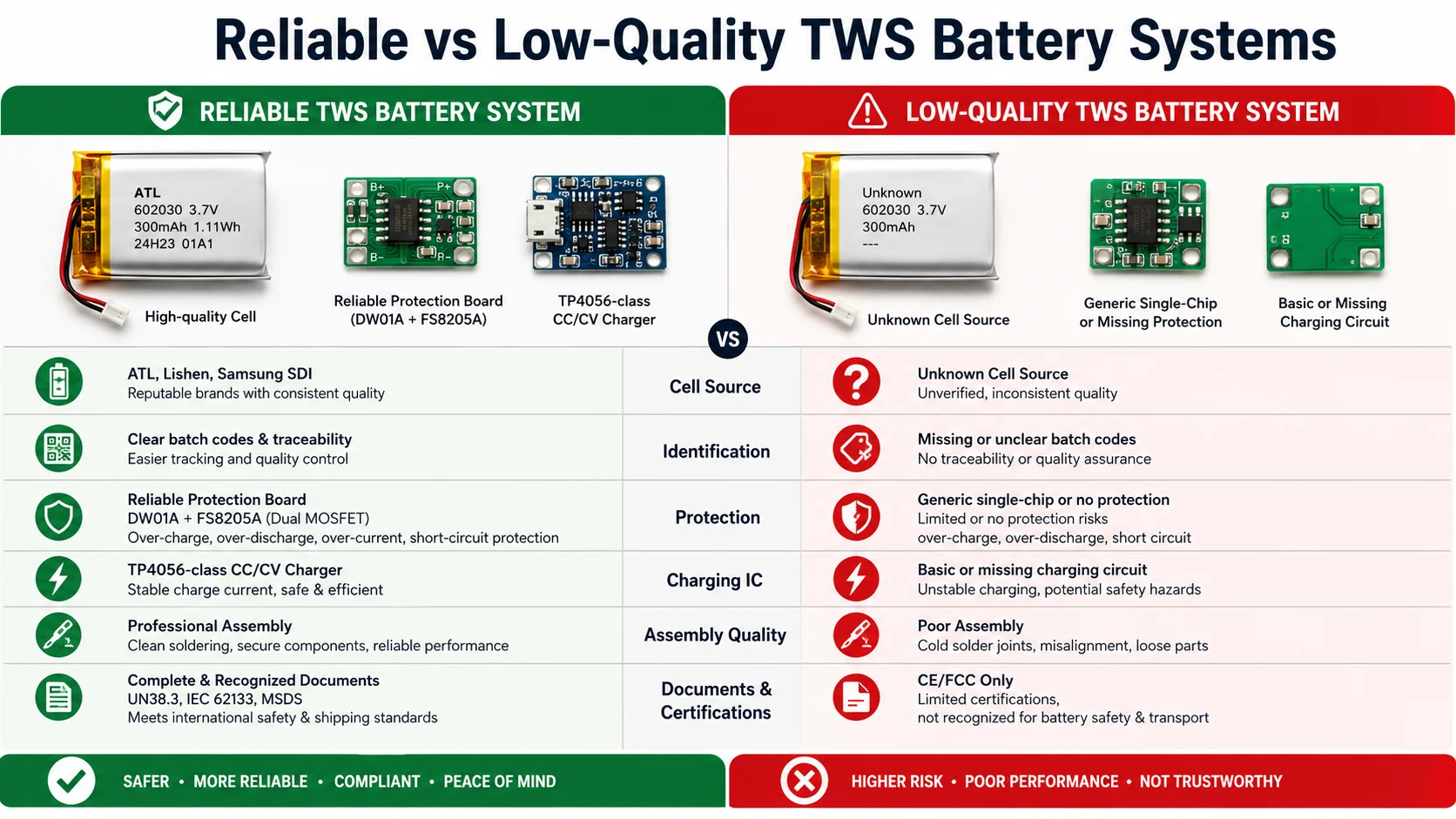 exploded view of TWS earbud battery with protection board