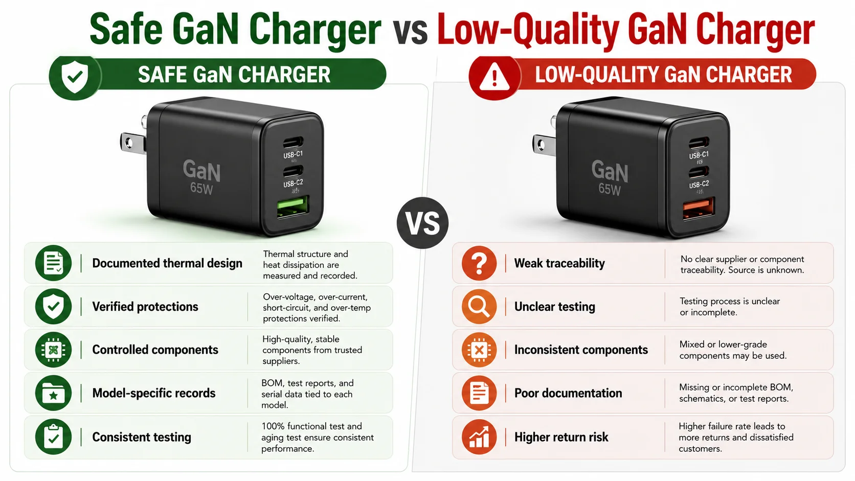 Safe GaN charger safety comparison with low-quality USB-C charger design