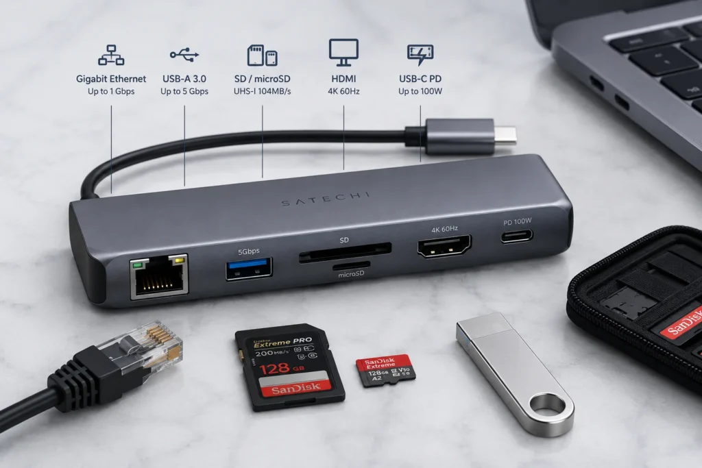 Satechi USB-C docking station with multiple ports including Ethernet, USB-A 3.0, SD/microSD slot, HDMI 4K 60Hz, and USB-C PD, shown with accessories like SD cards, USB drive, and Ethernet cable.