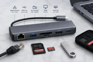 Satechi USB-C docking station with multiple ports including Ethernet, USB-A 3.0, SD/microSD slot, HDMI 4K 60Hz, and USB-C PD, shown with accessories like SD cards, USB drive, and Ethernet cable.