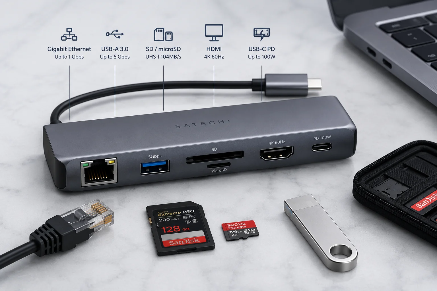 A close-up of a USB-C hub showing the Ethernet, USB-A, and SD card reader ports.
